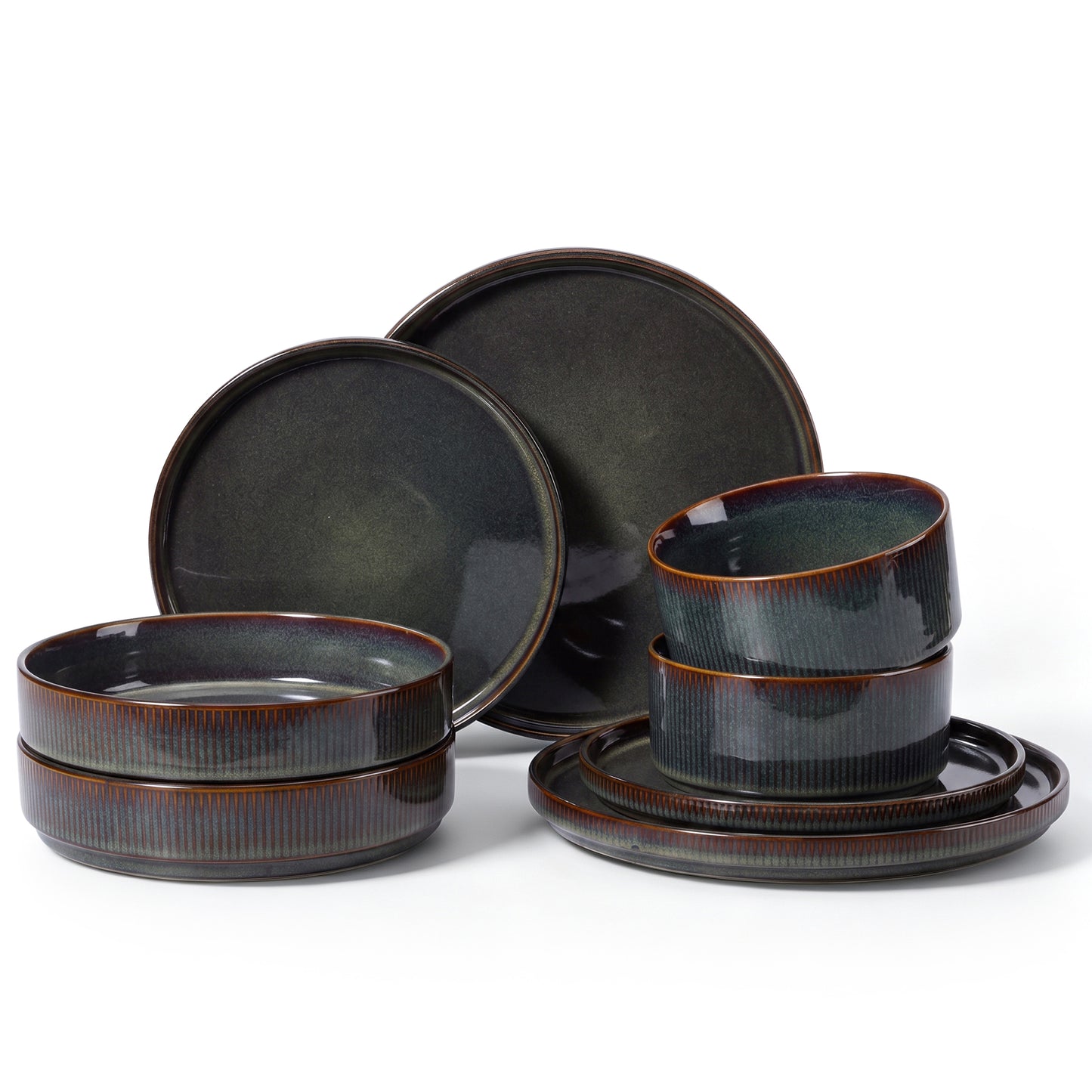 Onader 8-Piece Stoneware Dinnerware Set, Vertical Striped Reactive Glaze Plates and Bowls Sets for the Kitchen, Microwave & Dishwasher Safe, Blackish Green