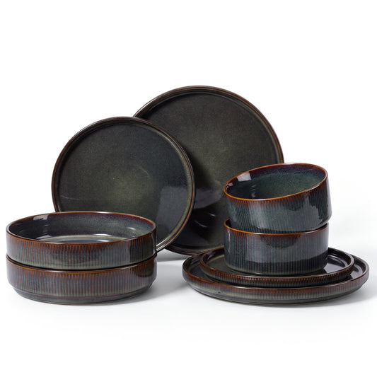 Onader 8-Piece Stoneware Dinnerware Set, Vertical Striped Reactive Glaze Plates and Bowls Sets for the Kitchen, Microwave & Dishwasher Safe, Blackish Green