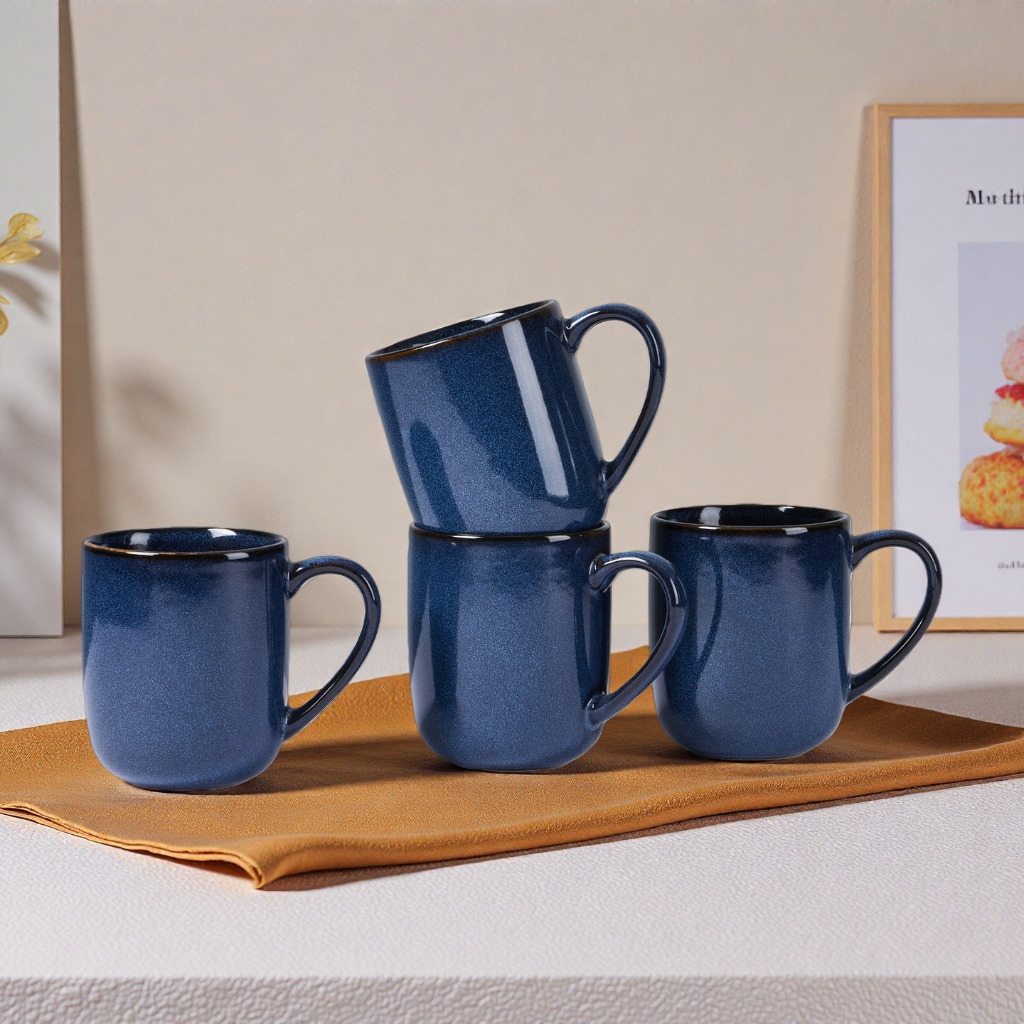 Onader 14OZ Coffee Mugs Set of 4, Stoneware Coffee Mugs Set with Handle, Ceramic Coffee Cups for Latte/Tea/Cappuccino, Dishwasher & Microwave Safe - Starry Blue