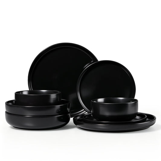 Onader 8-Piece Dinnerware Set, Ceramic Plate and Bowls Set for 2, Scratch Resistant Tableware Dishes Set for Kitchen Restaurant, Microwave & Dishwasher Safe - Matte Black