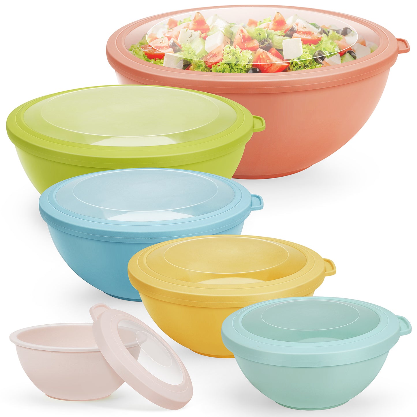 Vesteel 6Pcs Mixing Bowl Set with Lids, Plastic Nesting Bowls for Mixing, Storage, Kitchen Prepping, Serving Food, Microwave & Dishwasher Safe - Multi-Color