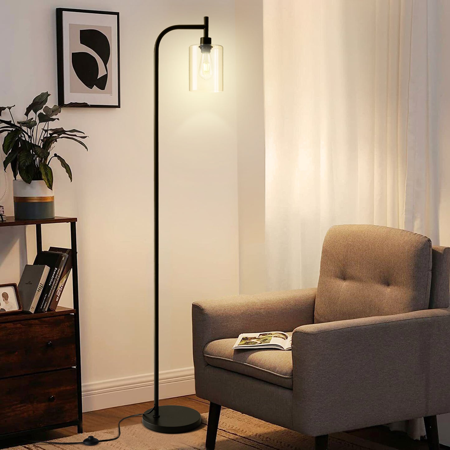 Vesteel Floor Lamp for Living Room, Standing Lamp with 6W LED Bulbs & Glass Lampshade, Industrial Metal Tall Lamp for Bedroom Office Dorm, Foot Pedal Switch & Heavy Base