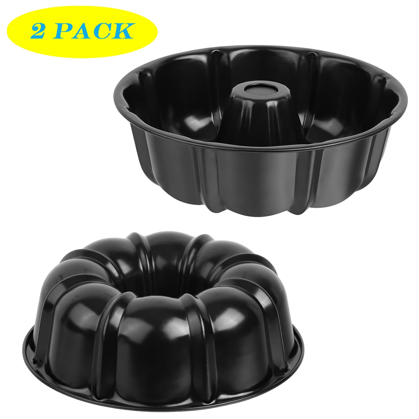 Vesteel 2 Pack Bundt Cake Pan Nonstick, 10 Inch Fluted Cake Pans for Baking, 10 Cups Heavy Duty Carbon Steel Tube Round Cake Mold for Jello, Brownie, Pumpkin Bread, Durable & Easy Release, Black