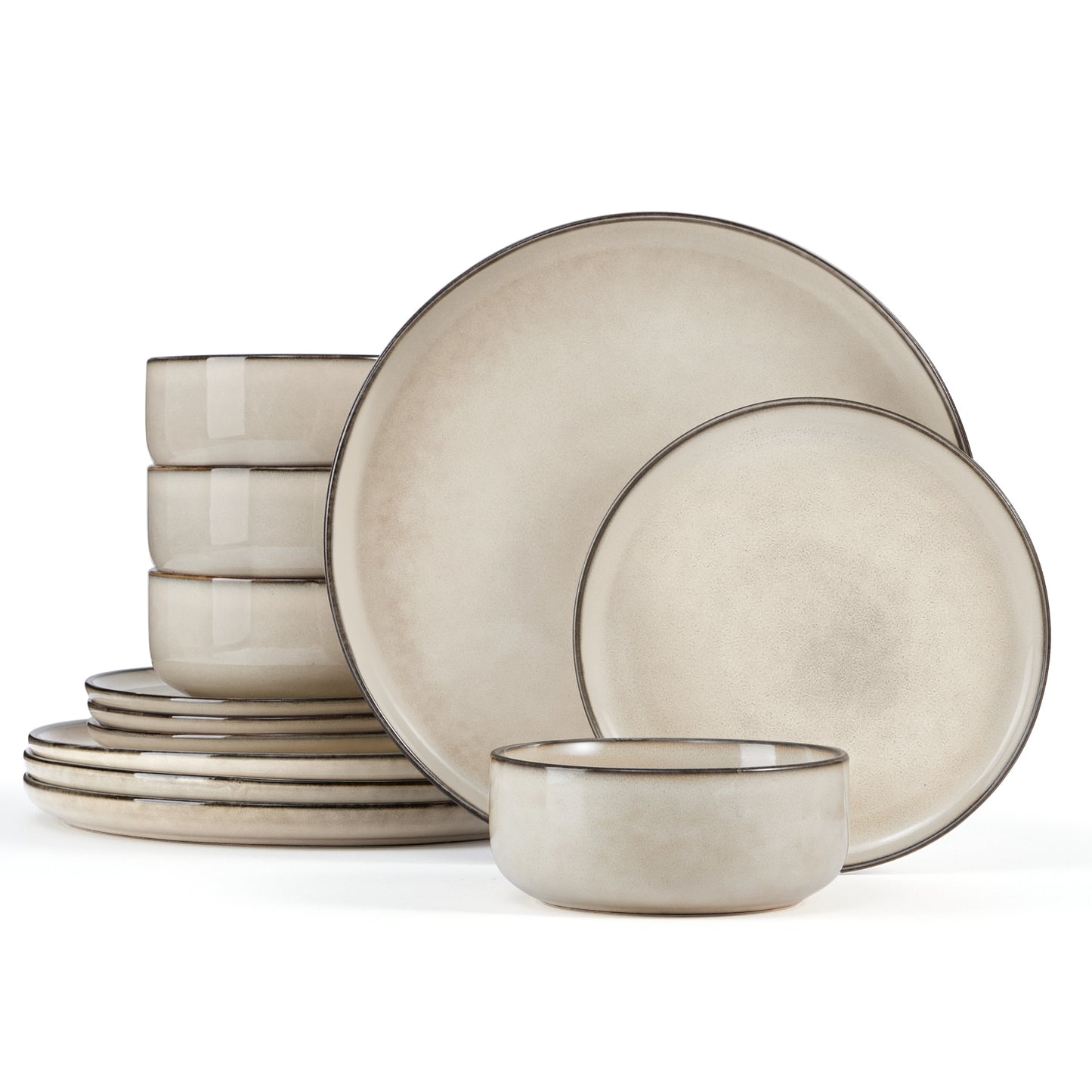 Onader 12 Piece Dinnerware Sets, Plates and Bowls Set for 4, Handmade Stoneware Dishes Sets for Home Restaurant, Dishwasher & Microwave Safe - Khaki