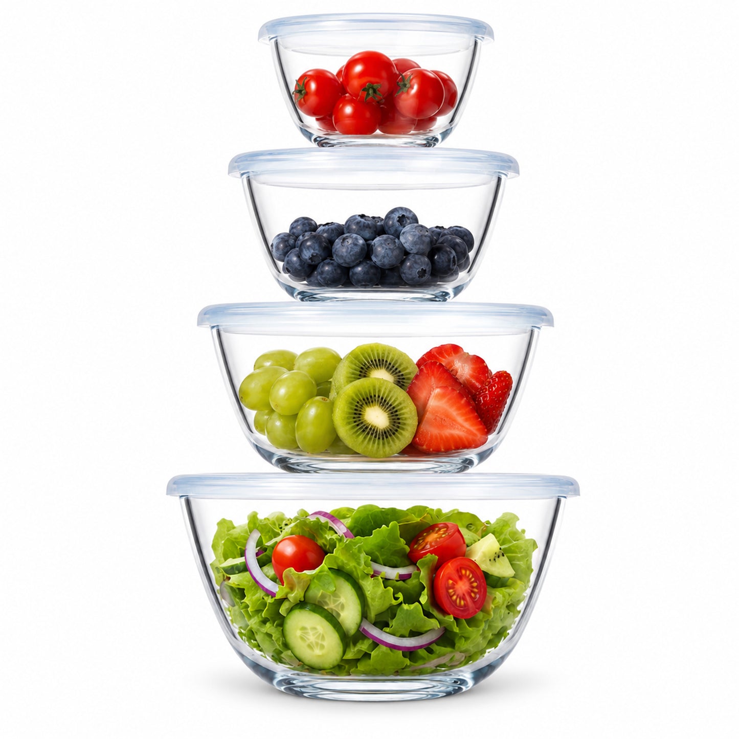 Vesteel 4Pcs Glass Mixing Bowls with Lids Set (0.5/0.8QT/1.7/2.9QT), Nesting Kitchen Salad Bowls with Airtight Vent Lid for Cooking Baking Prepping, Dishwasher, Microwave & Freezer Safe