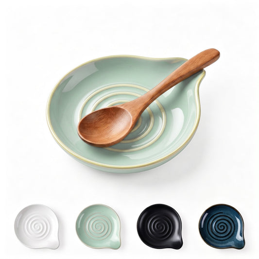 Vesteel Ceramic Spoon Rest, 5.1 inch Kitchen Teardrop Spoon Holder for Countertop, Utensil Rest for Spatula Ladle Tongs, Stove Top Spoon Tray, Heat-Resistant & Dishwasher Safe, Sage Green