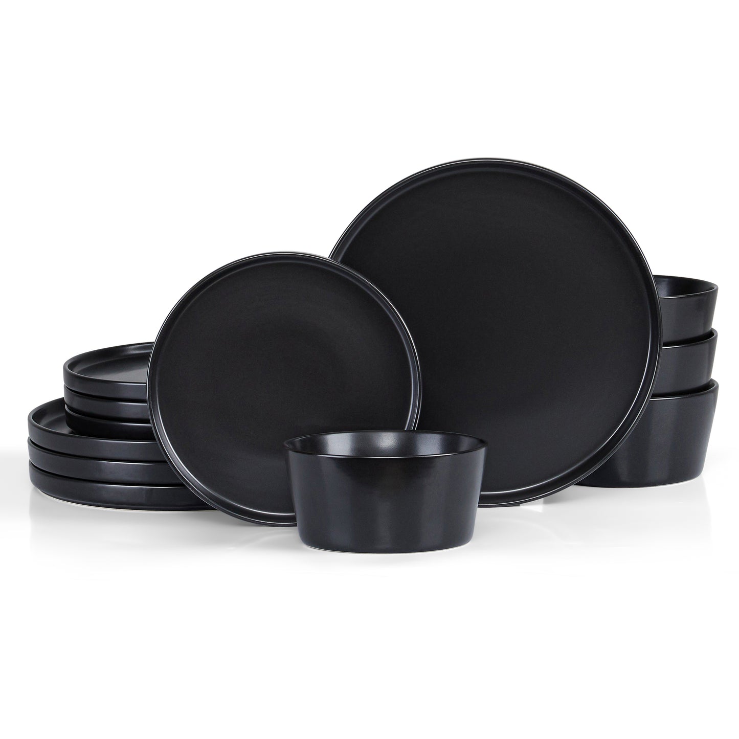 Vesteel Dinnerware Sets for 4, 12Pcs Stoneware Plates and Bowls Set, Elegant Tableware set for Home Restaurant, Chip & Scratch Resistant Dishes Set , Black