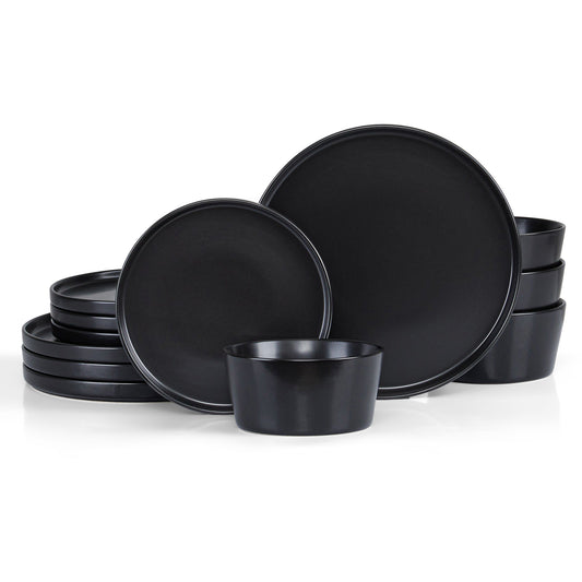 Vesteel Dinnerware Sets for 4, 12Pcs Stoneware Plates and Bowls Set, Elegant Tableware set for Home Restaurant, Chip & Scratch Resistant Dishes Set , Black