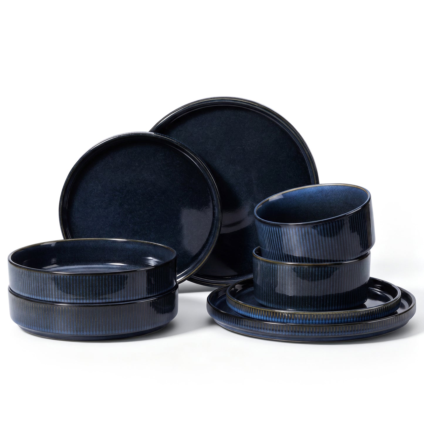 Onader 8-Piece Stoneware Dinnerware Set, Vertical Striped Reactive Glaze Plates and Bowls Sets for the Kitchen, Microwave & Dishwasher Safe, Starry Blue