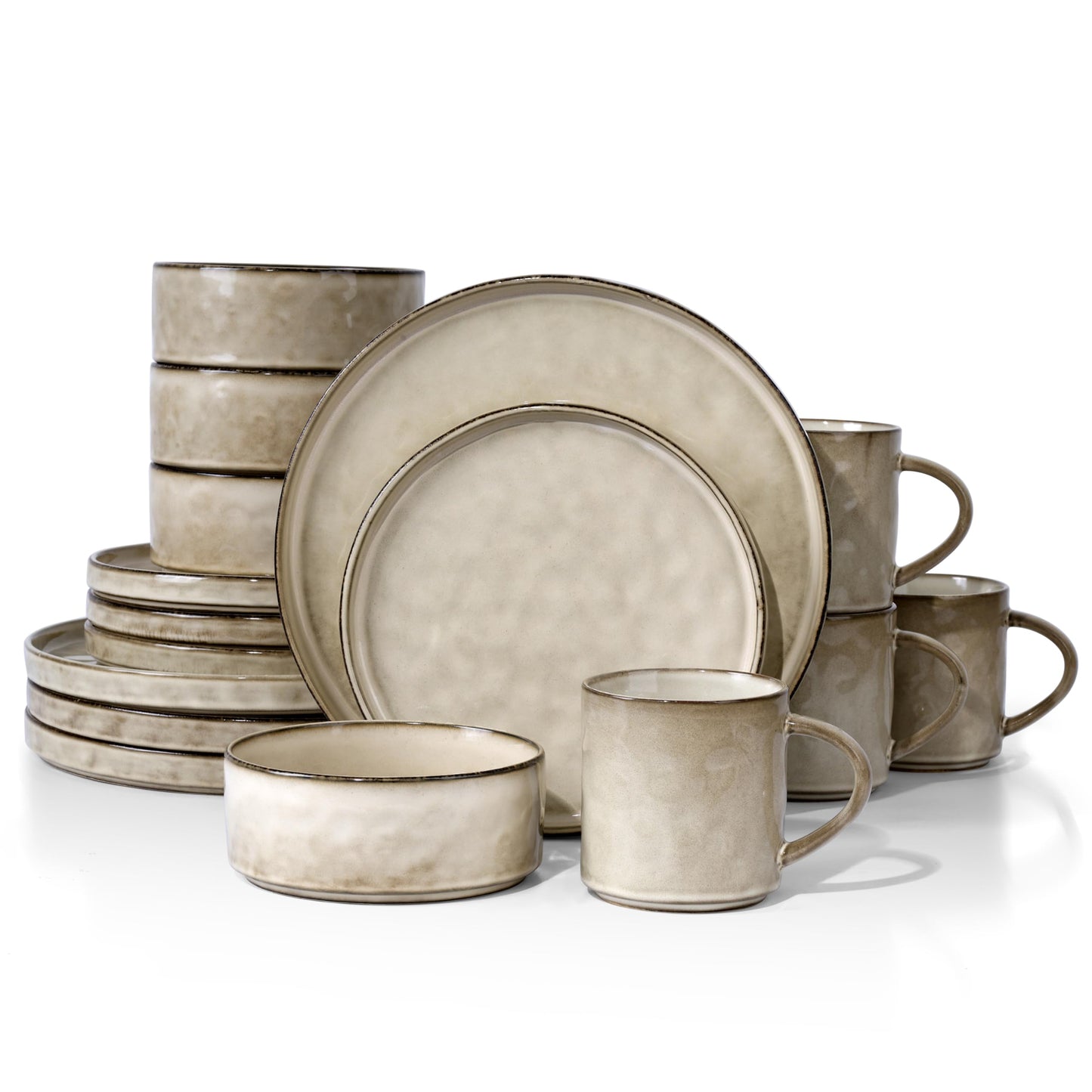 Vesteel 16-Piece Dinnerware Sets, Stoneware Dish and Bowls Set for 4, Handmade Reactive Glaze Coupe Plates Set, Chip & Scratch Resistant - Khaki