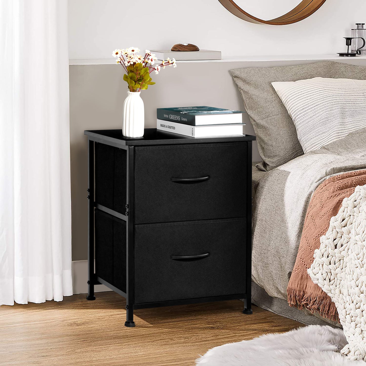 Vesteel Nightstand, 2 Drawers Dresser with Wood Top and Sturdy Steel Frame, Fabric End Table Bedside Furniture Dresser for Bedroom Closet Dorm - Black