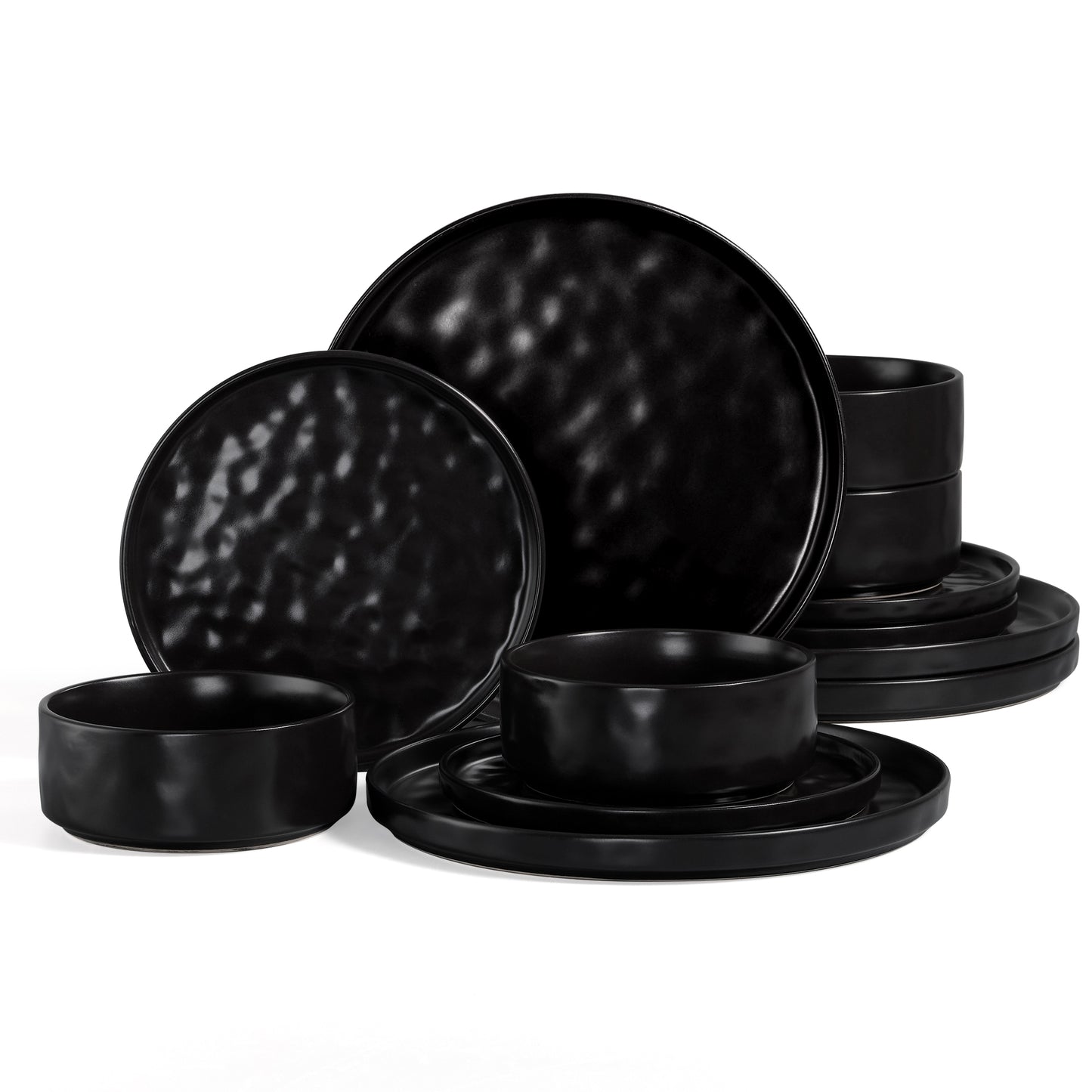 Vesteel Dinnerware Sets, 12-Piece Stoneware Plates and Bowls Set, Dishes Set for 4, Elegant Ceramic Dinnerware for Home Restaurant - Matte Black