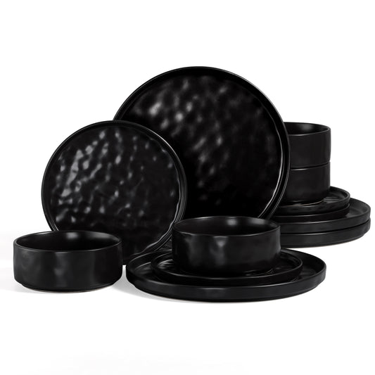 Vesteel Dinnerware Sets, 12-Piece Stoneware Plates and Bowls Set, Dishes Set for 4, Elegant Ceramic Dinnerware for Home Restaurant - Matte Black