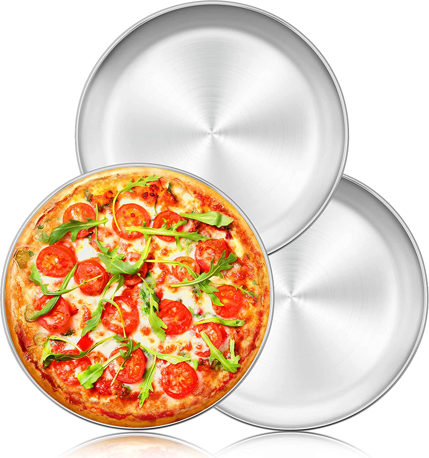 Vesteel 12 inch Stainless Steel Round Pizza Pan Set of 3, Large Healthy Pizza Tray Platter for Oven Baking Serving, Dishwasher Safe