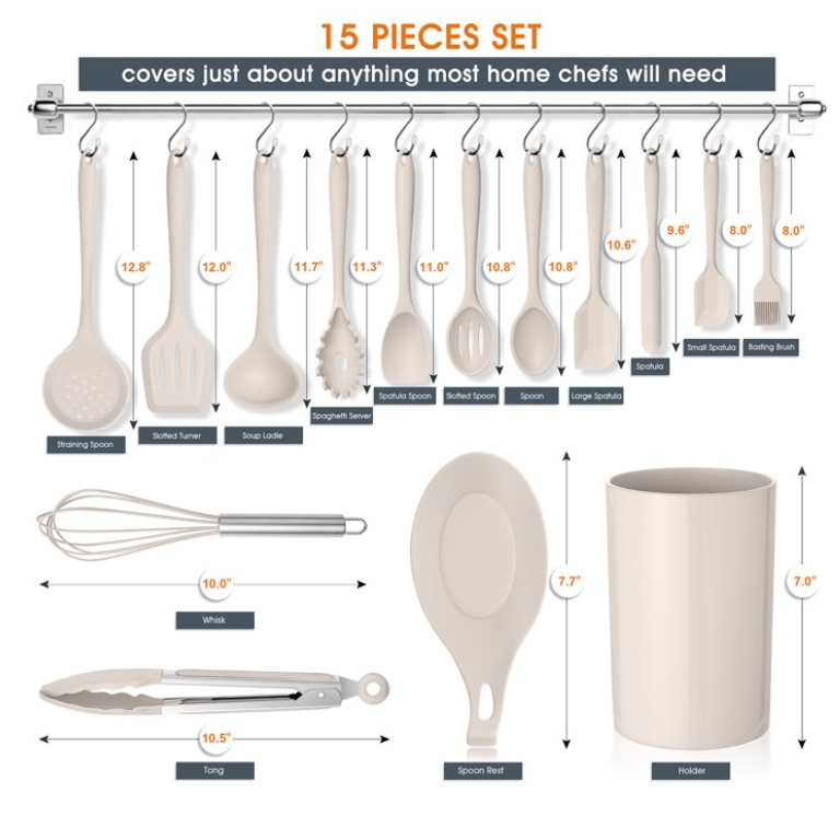 Vesteel 15-Piece Kitchen Utensils Set, Silicone Cooking Utensils with Holder, Non-stick Cookware Friendly & Heat Resistant - Khaki