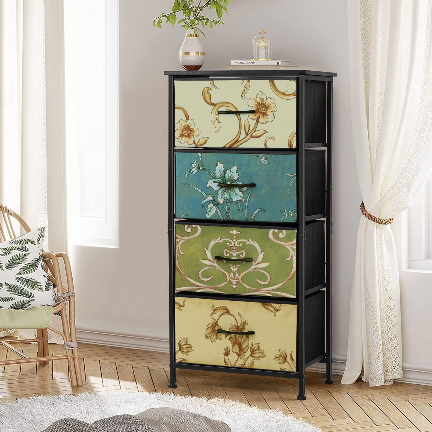 4 Drawers Dresser for Bedroom, Vesteel Fabric Chest of Drawers Tall Storage Tower with Wood Top and Sturdy Steel Frame, Storage Organizer Unit for Closet, Living Room, Hallway - Retro Floral