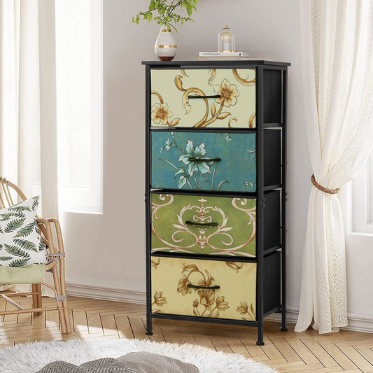 4 Drawers Dresser for Bedroom, Vesteel Fabric Chest of Drawers Tall Storage Tower with Wood Top and Sturdy Steel Frame, Storage Organizer Unit for Closet, Living Room, Hallway - Retro Floral