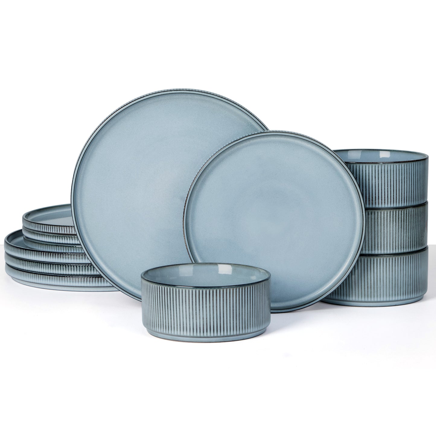Vesteel Dinnerware Set for 4, 12-Piece Premium Stoneware Ribbed Dishes with Reactive Glaze, Chip & Scratch Resistant Plates and Bowls Set for Home Restaurant, Microwave Safe - Smoky Blue