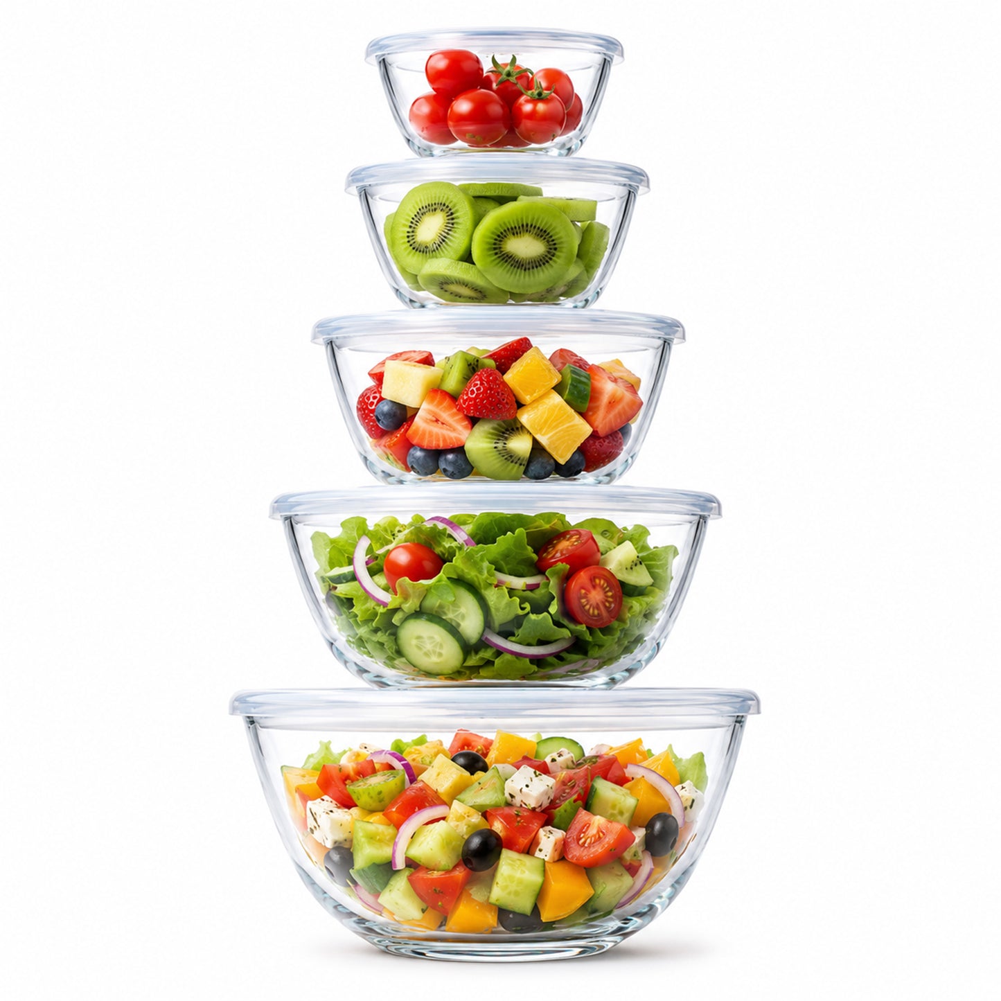 Vesteel 5Pcs Glass Mixing Bowls with Lids Set (4.8/2.9/1.7/0.8/0.5QT), Nesting  Large Salad Bowls with Airtight Vent Lid for Kitchen Cooking Baking Prepping, Dishwasher, Microwave & Freezer Safe