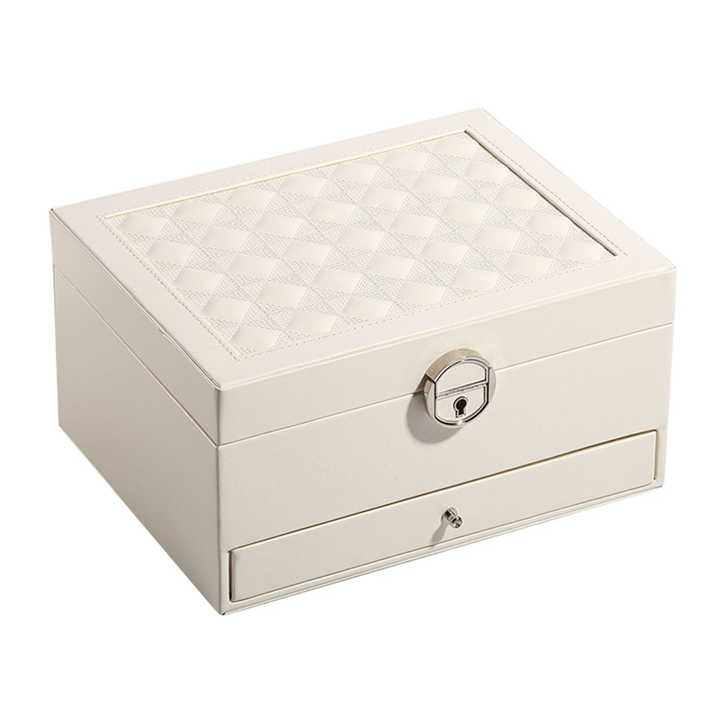 Vesteel Jewelry Box, 2-Layer Leather Jewelry Storage Organizer with Lock Drawer Built-in Mirror, Jewelry Case for Rings Necklaces Earrings Watches - White
