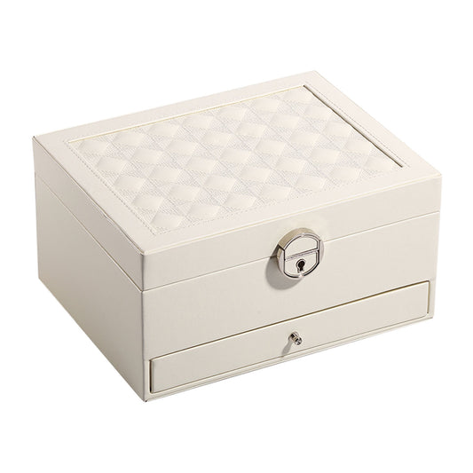 Vesteel Jewelry Box, 2-Layer Leather Jewelry Storage Organizer with Lock Drawer Built-in Mirror, Jewelry Case for Rings Necklaces Earrings Watches - White