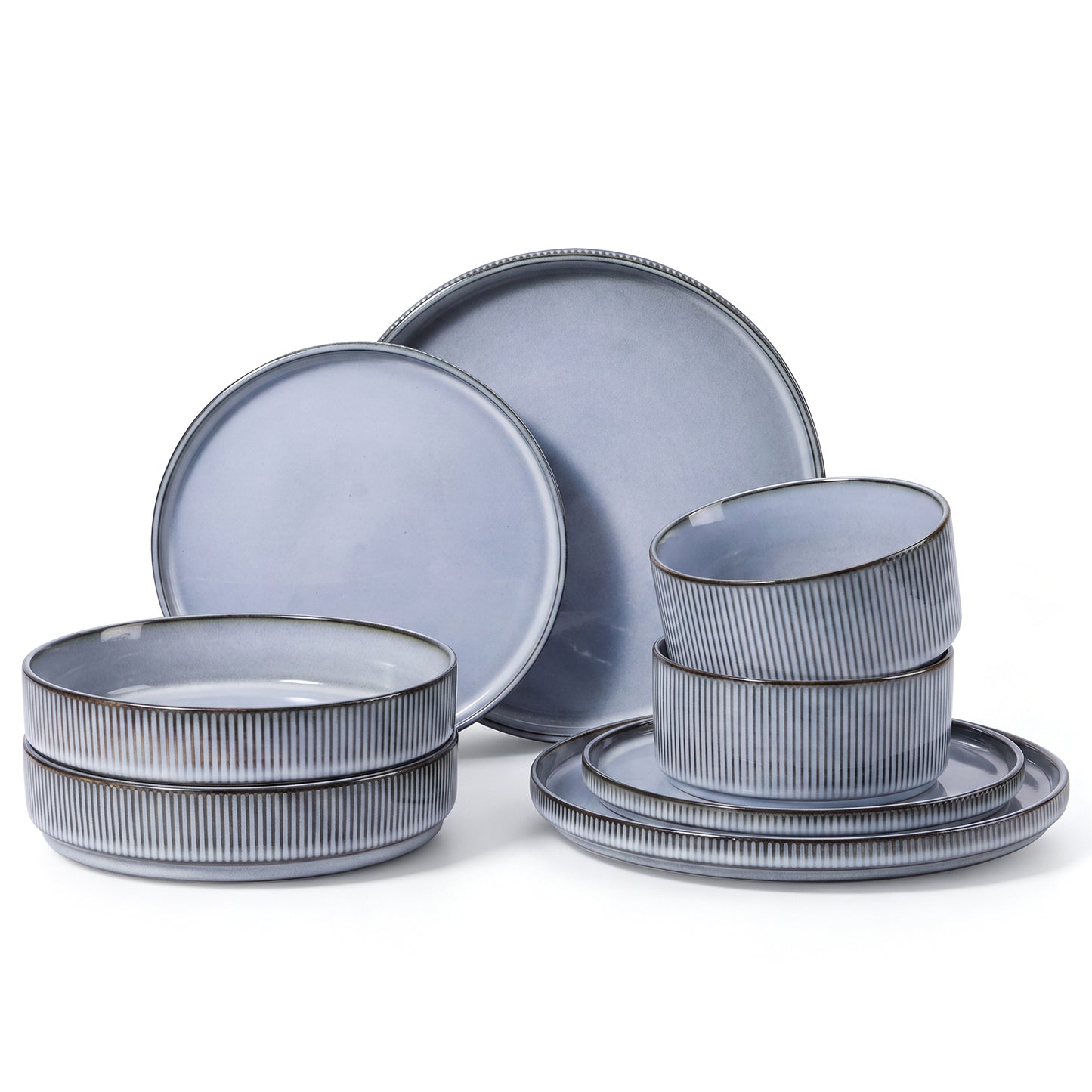 Onader 8-Piece Stoneware Dinnerware Set, Vertical Striped Reactive Glaze Plates and Bowls Sets for the Kitchen, Microwave & Dishwasher Safe, Smoke Gray