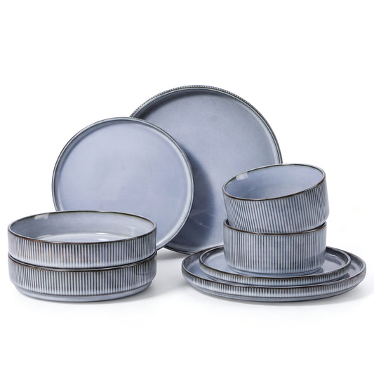 Onader 8-Piece Stoneware Dinnerware Set, Vertical Striped Reactive Glaze Plates and Bowls Sets for the Kitchen, Microwave & Dishwasher Safe, Smoke Gray