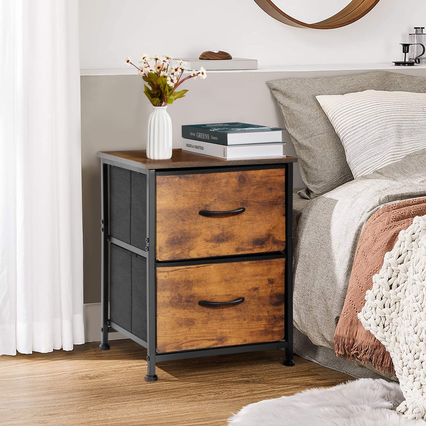 Vesteel Nightstand, 2 Drawers Dresser with Wood Top and Sturdy Steel Frame, Fabric End Table Bedside Furniture Dresser for Bedroom Closet Dorm - Rustic Brown