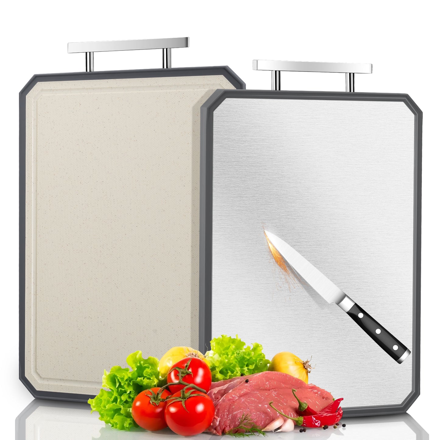 Vesteel Double Side Cutting Board, 16” x 11” Cutting Board with Stainless Steel Handle for Kitchen, Non Toxic Chopping Board for Meat and Vegetables, Dishwasher Safe & Scratch Resistant