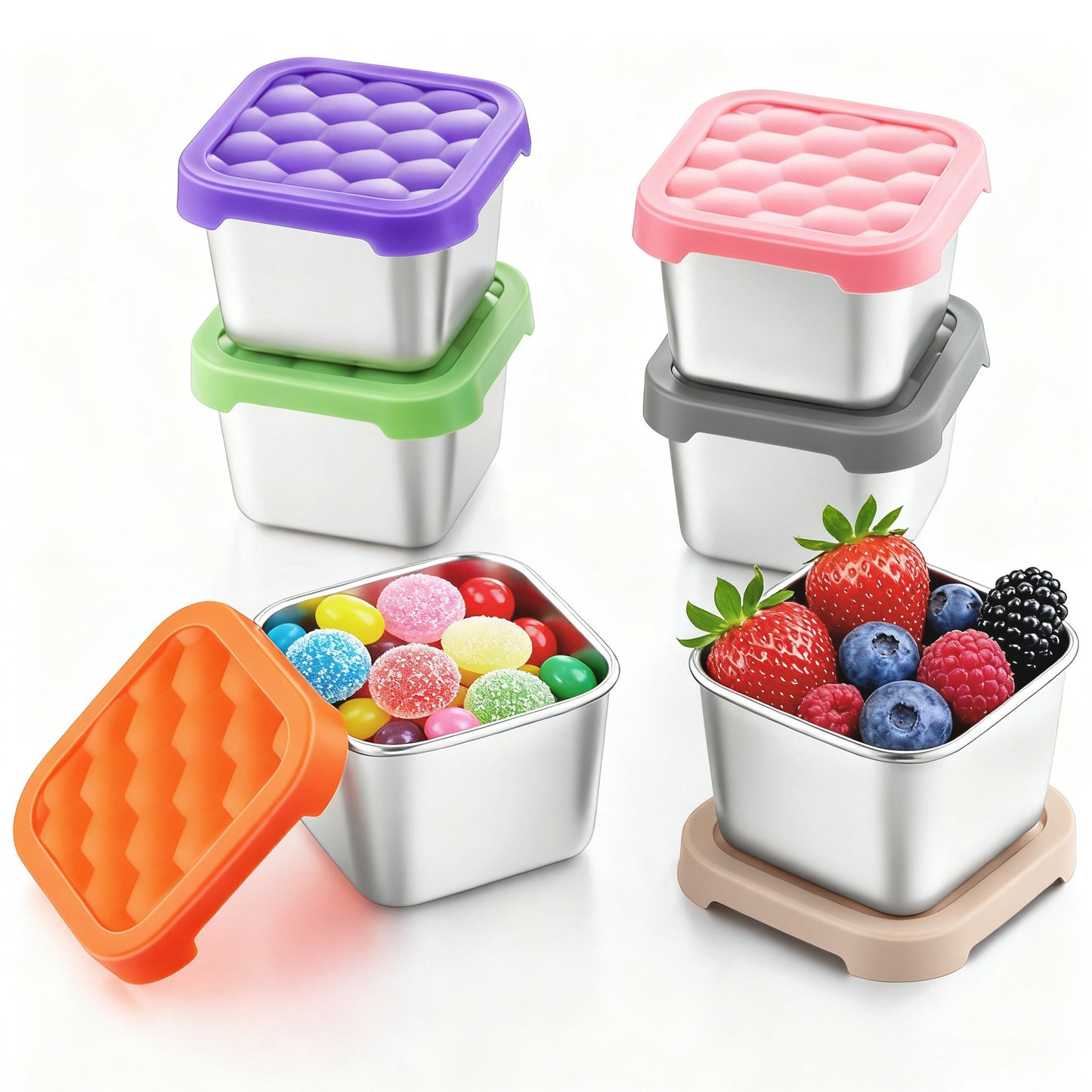Vesteel 6-Pack Stainless Steel Snack Containers for Kids, 6oz Easy Open Leak Proof Toddler Snack Containers with Silicone Lids, Stackable Metal Toddler Lunch Box for Daycare, School and Travel