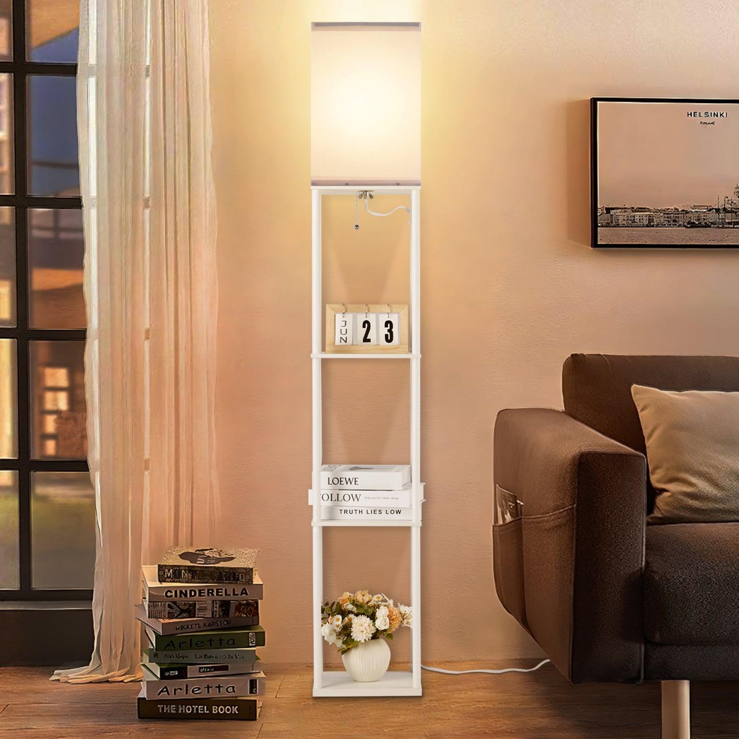 Vesteel Floor Lamp for Living Room, Standing Lamp with 3 Color Adjustable LED Bulb, Modern Square Lamp with 3-Tier Shelves for Bedroom Office Kid Room