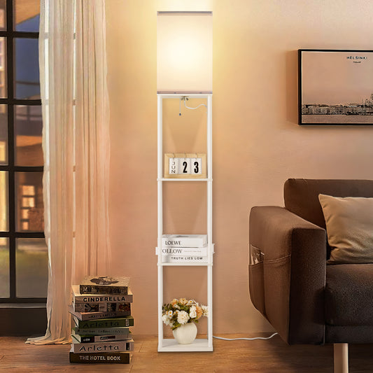 Vesteel Floor Lamp for Living Room, Standing Lamp with 3 Color Adjustable LED Bulb, Modern Square Lamp with 3-Tier Shelves for Bedroom Office Kid Room