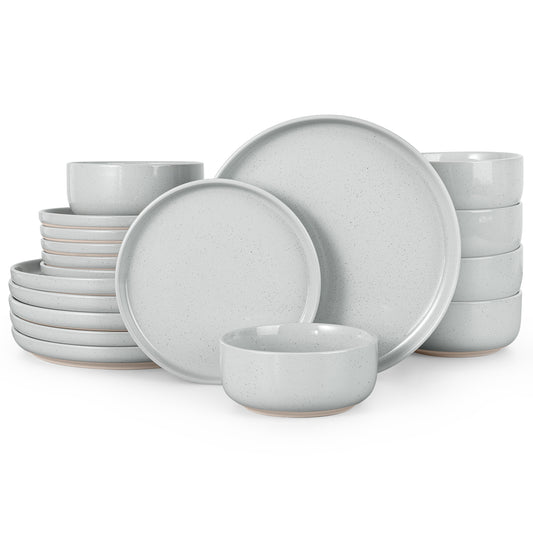 Vesteel 18-Piece Dinnerware set, Ceramic Plates and Bowls set for 6, Speckled Stoneware Dishes Set for Family, Microwave & Dishwasher Safe - Light Gray