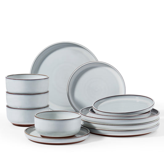 Vesteel 12-Piece Dinnerware Sets, Stoneware Dish and Bowls Set for 4, Ceramic Plates Set with Zisha Clay Base for Home Kitchen, Chip & Scratch Resistant - Ivory White