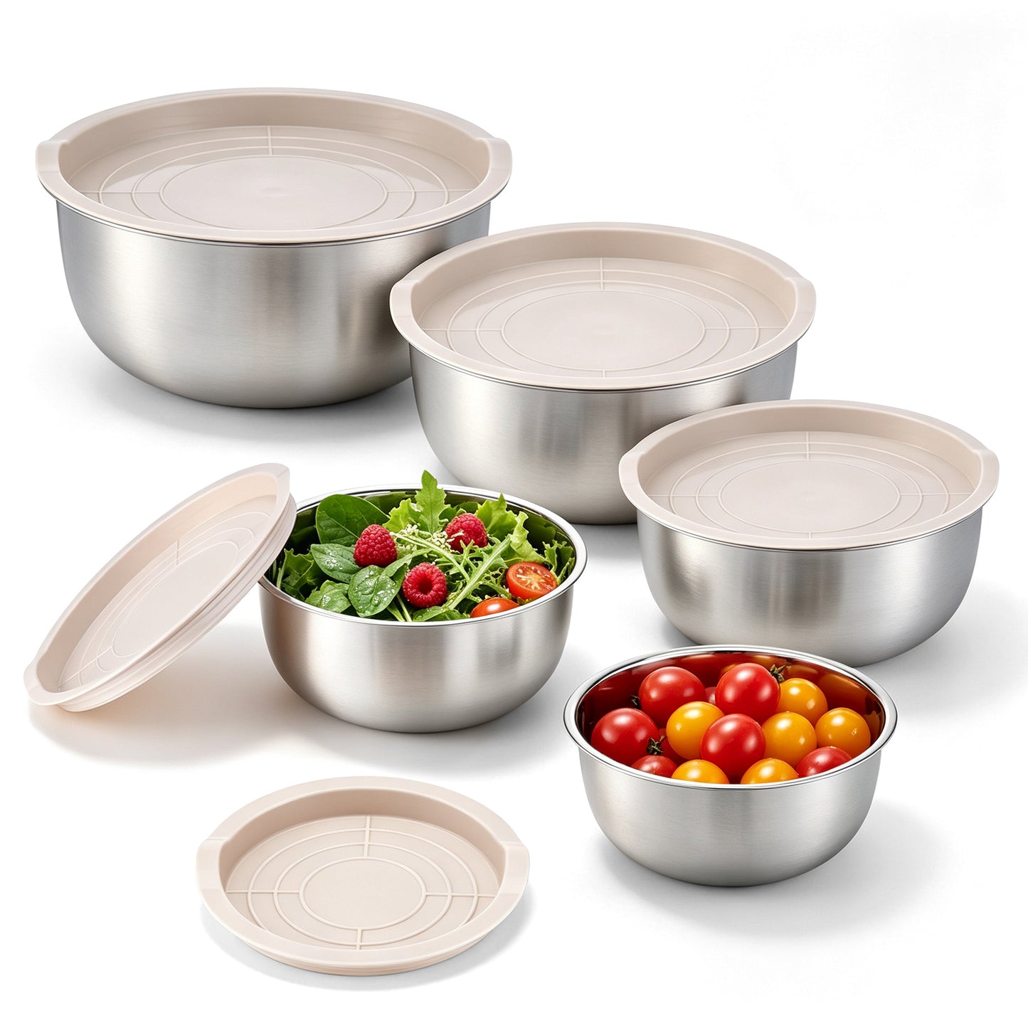 Vesteel Stainless Steel Mixing Bowls, 5 Piece Metal Nesting Bowls with Airtight Lids, Stackable Salad Bowls for Baking, Prepping & Serving, Dishwasher Safe, 5/3/1.7/1.2/0.8 QT, Khaki
