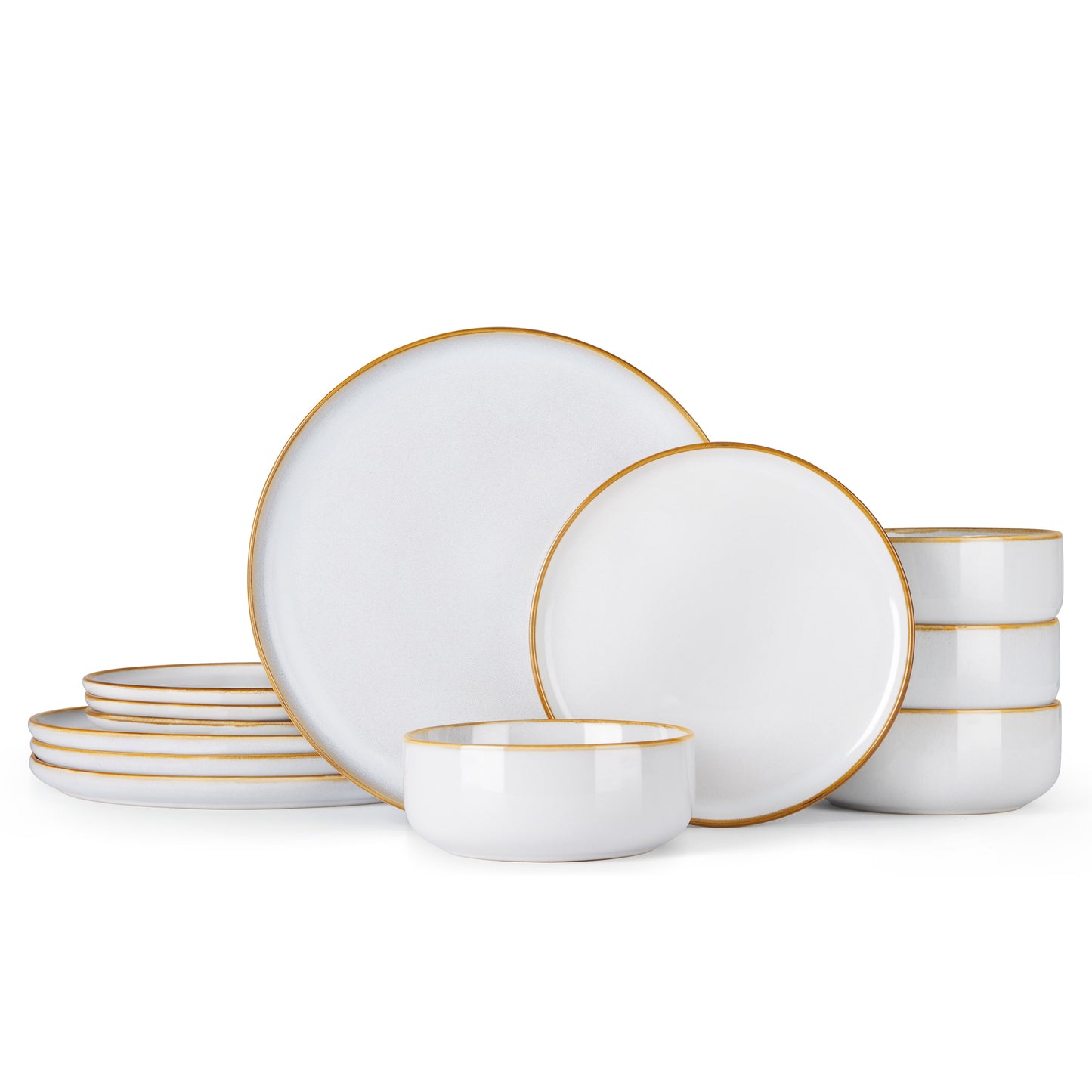 Vesteel Dinnerware Sets for 4, 12-Piece Stoneware Dish and Bowls Set, Handmade Reactive Glaze Coupe Plates Set for Family, Chip & Scratch Resistant - Seashell White