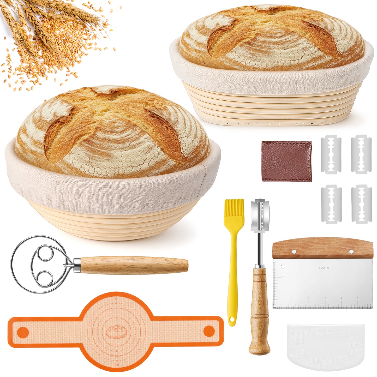 Vesteel Bread Proofing Basket Set, 9” Round and 10” Oval Banneton Bread Baking Baskets with Liner, Dough Baking Supplies Tools Included for Fermenting Baking