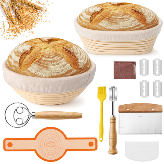 Vesteel Bread Proofing Basket Set, 9” Round and 10” Oval Banneton Bread Baking Baskets with Liner, Dough Baking Supplies Tools Included for Fermenting Baking
