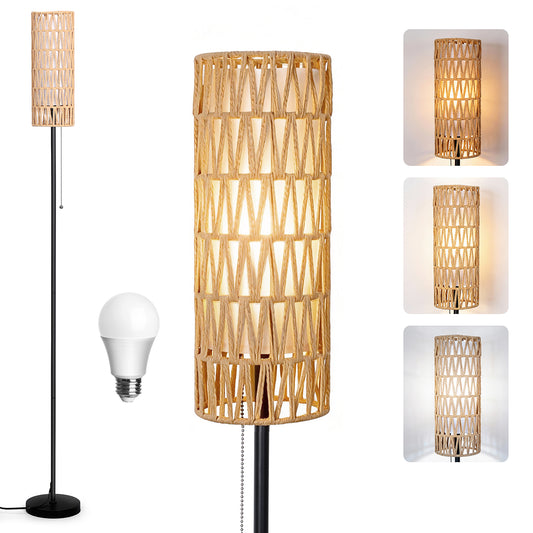 Vesteel Boho Floor amp for Living Room, Farmhouse Rattan Floor Lamp with 3 Color Temperatures, Standing Lamp for Bathroom, Office, Study Room