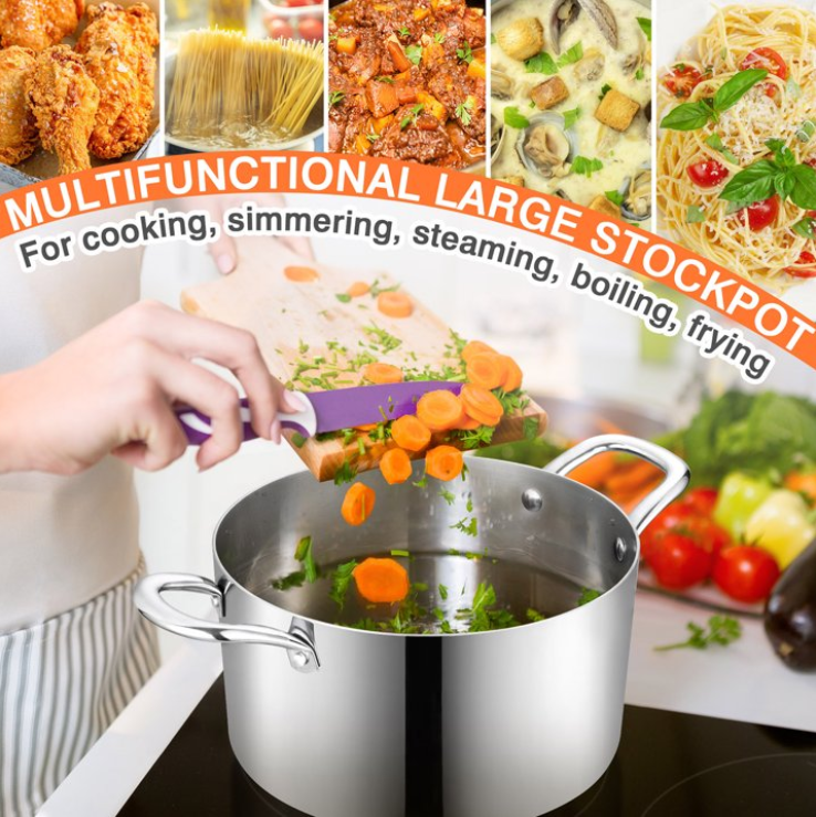 Vesteel 8 Qt Tri-Ply Stainless Steel Stock Pot, 8 Quart Stockpot Pasta Cooking Cookware with Visible Lid for Soup