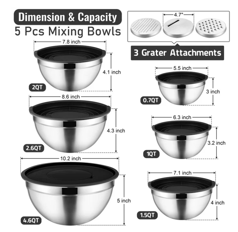 Mixing Bowls with Lids Set of 9, Vesteel Stainless Steel Mixing Bowls Metal Nesting Salad Bowls Attach with 3 Graters for Kitchen Grating/ Shredding, Size 4.6, 2.6, 2, 1.5, 1, 0.7 QT - Black