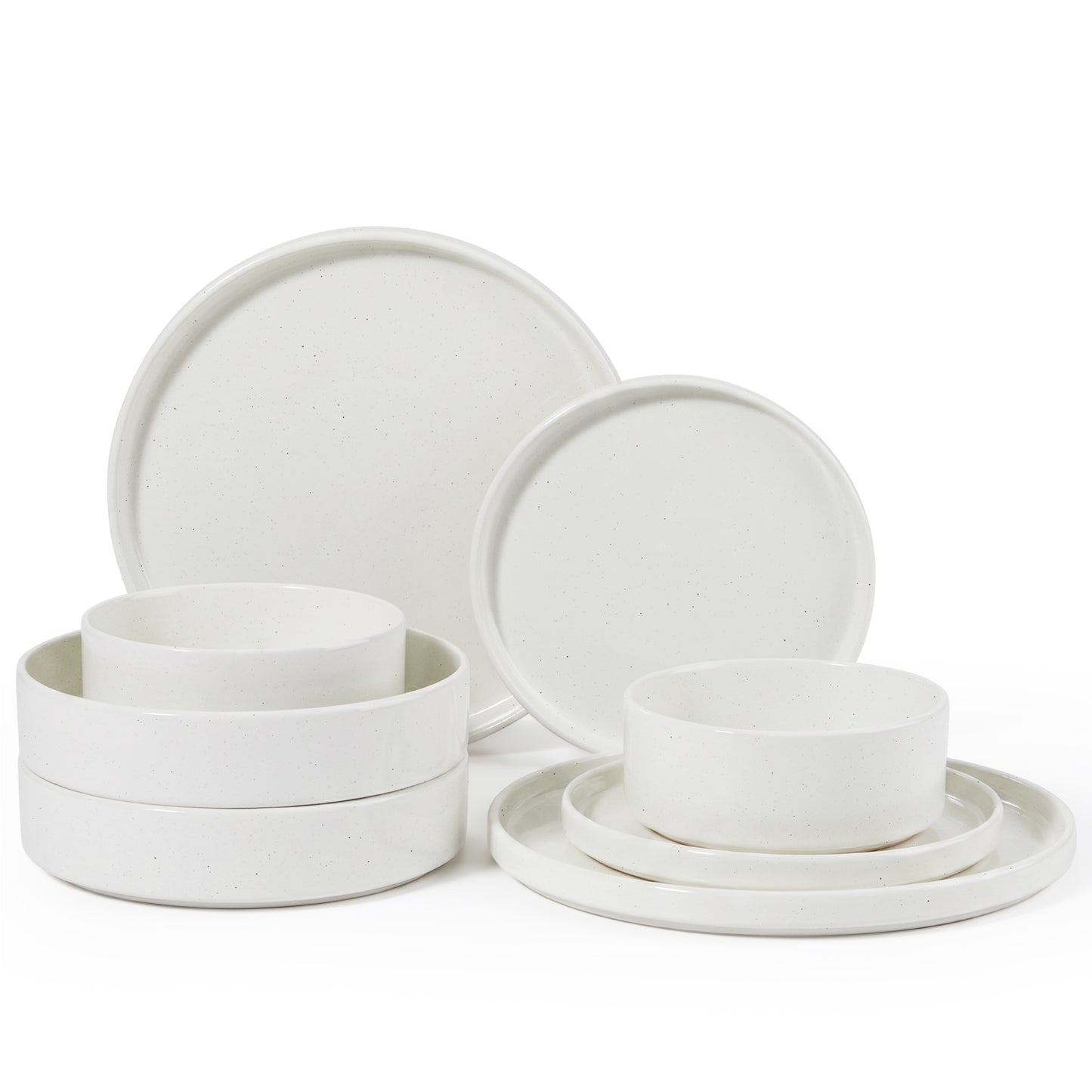 Onader 8-Piece Stoneware Dinnerware Set, Speckled Plates and Bowls Sets for the Kitchen, Microwave & Dishwasher Safe, Seashell White Speckle