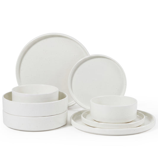 Onader 8-Piece Stoneware Dinnerware Set, Speckled Plates and Bowls Sets for the Kitchen, Microwave & Dishwasher Safe, Seashell White Speckle