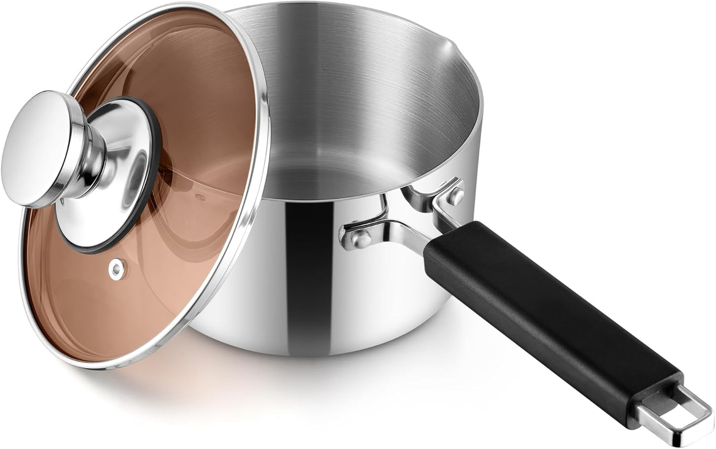Vesteel 2QT Saucepan with Lid, 2 Quart Tri-Ply Stainless Steel Sauce Pan with Pour Spout, Multipurpose Induction Pot with Heat-Proof Handle for Gas Electric Stove Top Camping, Dishwasher Safe