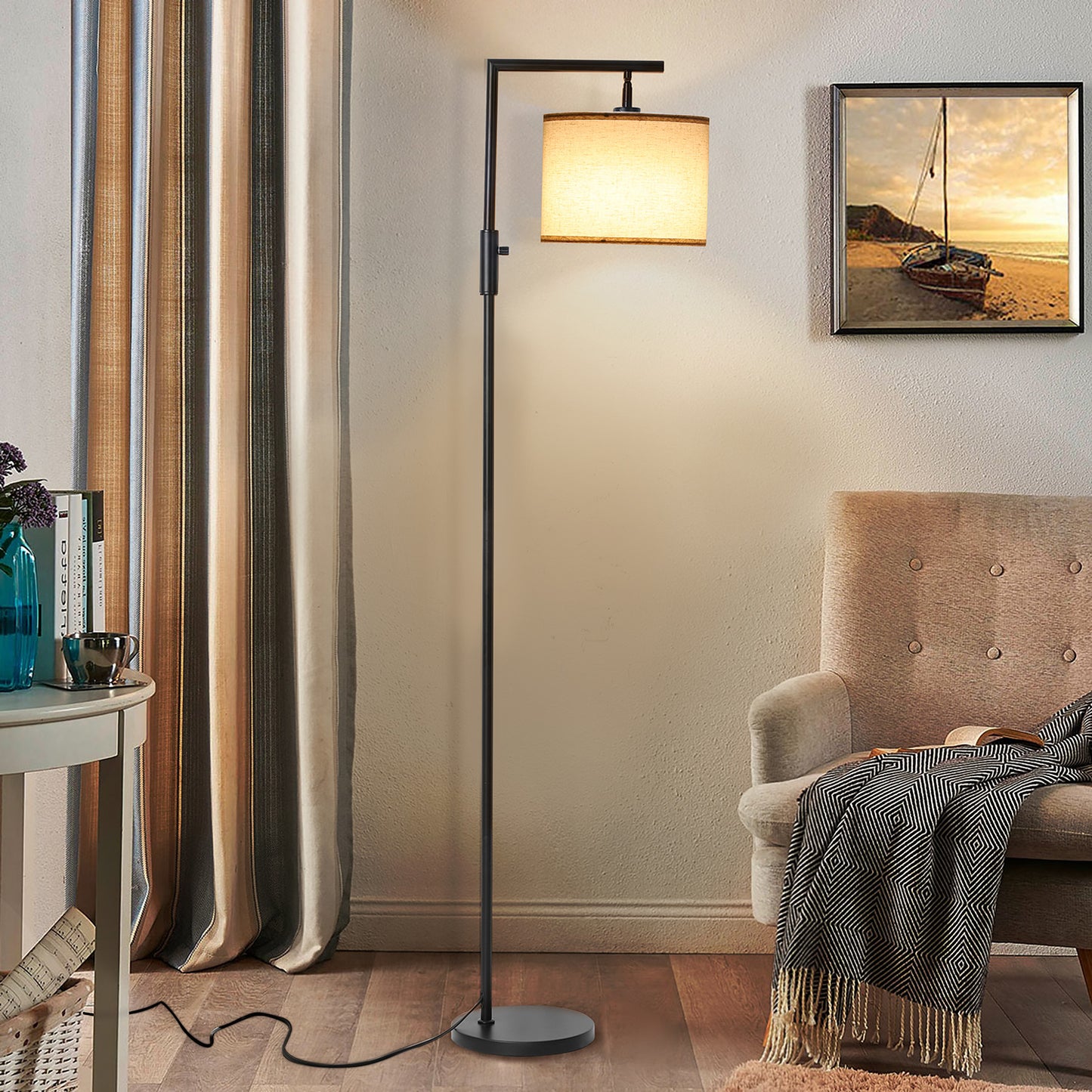 Vesteel Floor Lamp for Living Room, Modern Standing Lamp with 3 Color temperature Bulb & Linen Lampshade, Adjustable Lamp Head for Study Room Bedroom Office