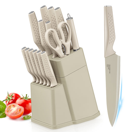 Vesteel Knife Block Set for Kitchen, 15-Piece High Carbon Stainless Steel Knives Set with Ergonomic Handle, Ultra-sharp & Rust Resistant, Khaki