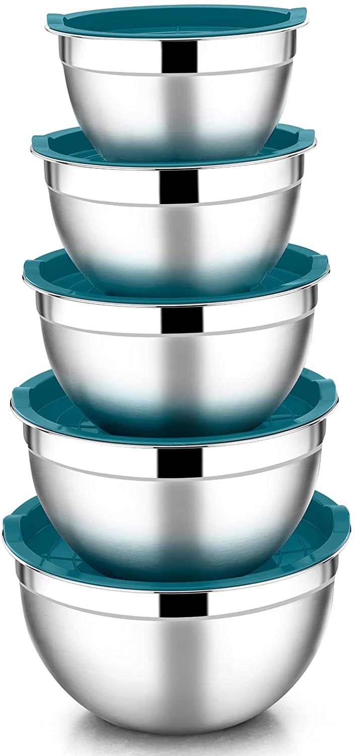 Mixing Bowls with Lids Set of 5, Vesteel Stainless Steel Mixing Bowls Metal Nesting Salad Bowls, Size 4.5, 3, 1.5, 1, 0.7 QT Great for Cooking, Baking, Serving - Blue