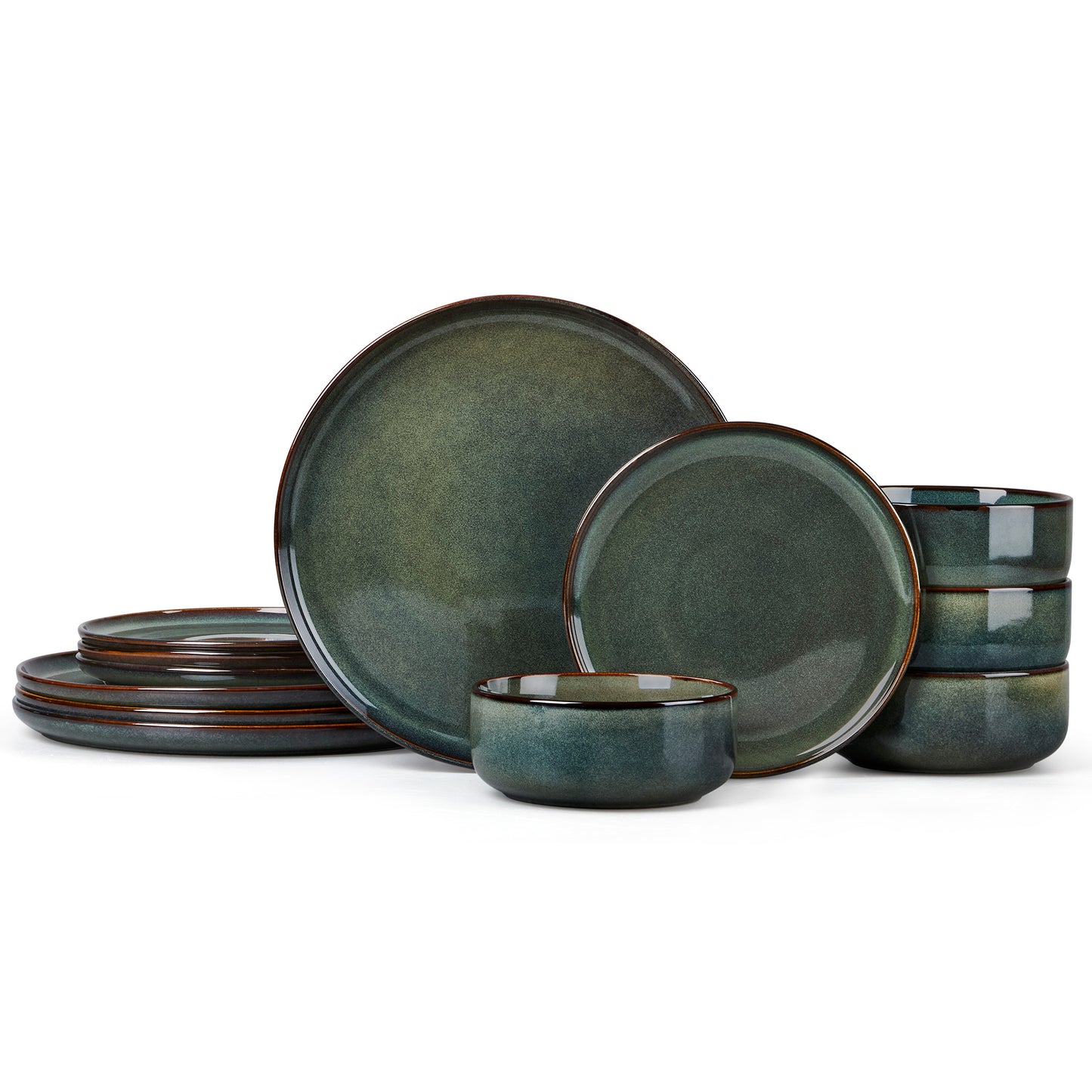 Vesteel Dinnerware Sets for 4, 12-Piece Stoneware Dish and Bowls Set, Handmade Reactive Glaze Coupe Plates Set for Family, Chip & Scratch Resistant - Sage Green
