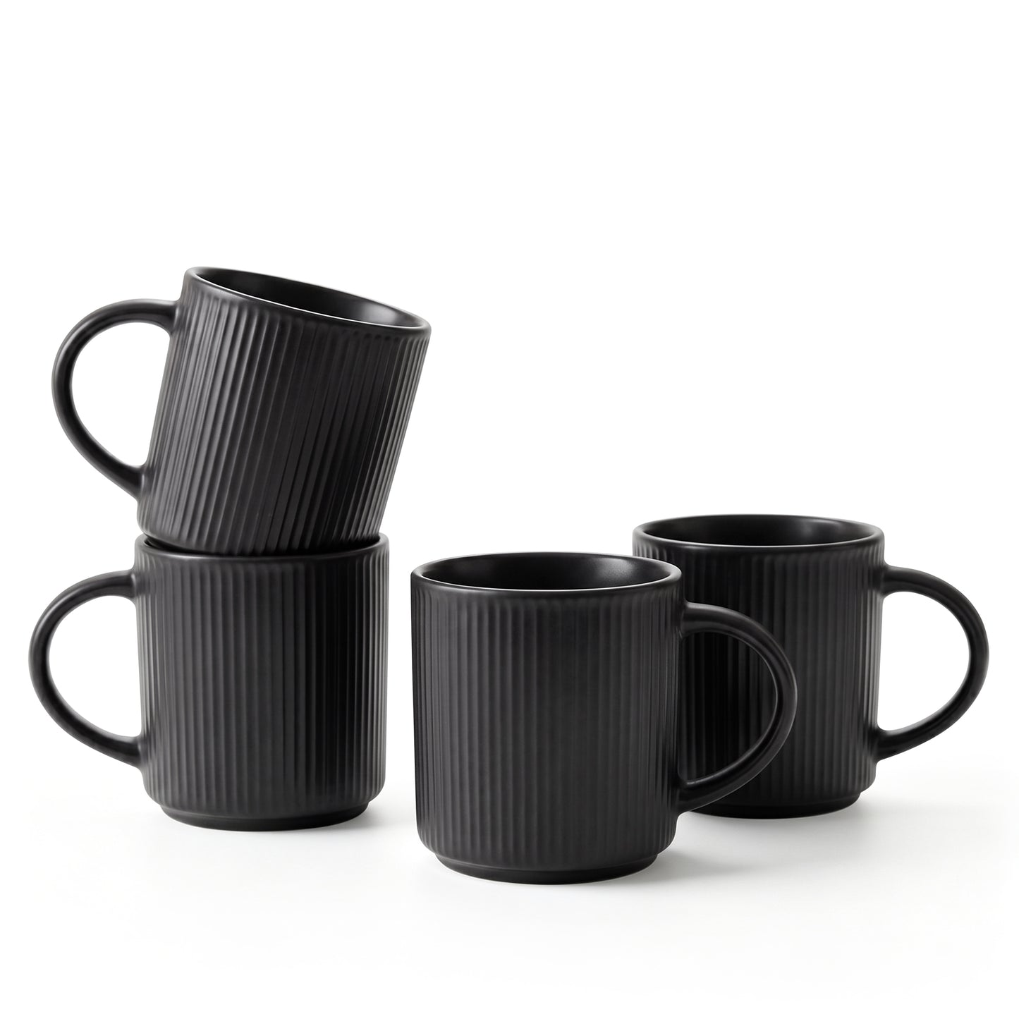 Onader 4-Pieces Coffee Mugs Set, Water Cups with Large Handle, 12 oz Ceramic Mugs Suitable for Tea Milk Latte, Stain-Resistant & Microwave Safe, Matte Black