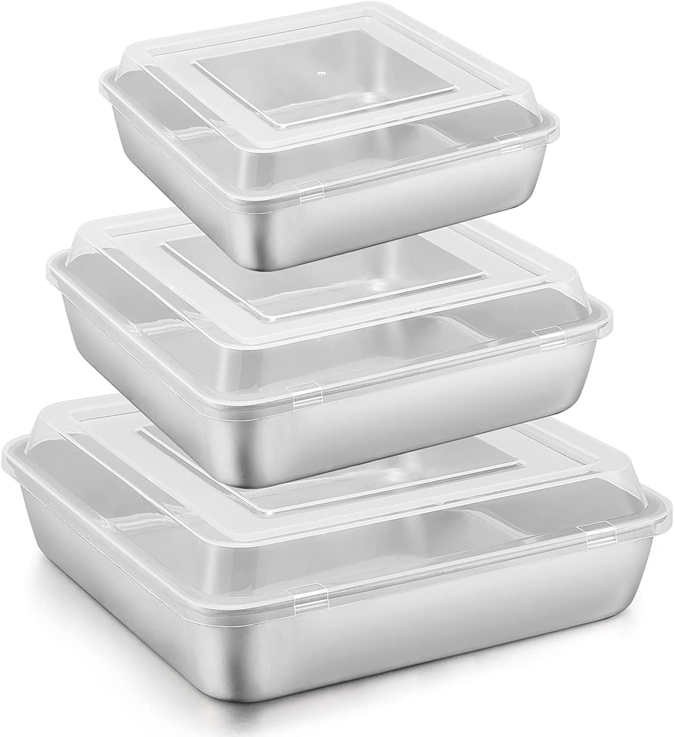 Vesteel 6-Piece Cake Pan with Lid (3 Pans + 3 Lids), Stainless Steel Square Baking Brownie Pans Bakeware Set